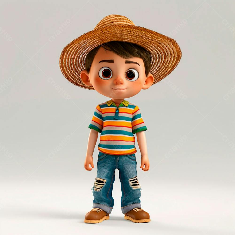 Garotinho Usando Camiseta Listrada E Chapeu De Palha 3D 12