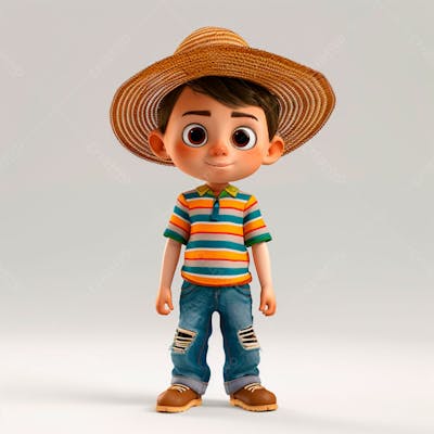 Garotinho Usando Camiseta Listrada E Chapeu De Palha 3D 12