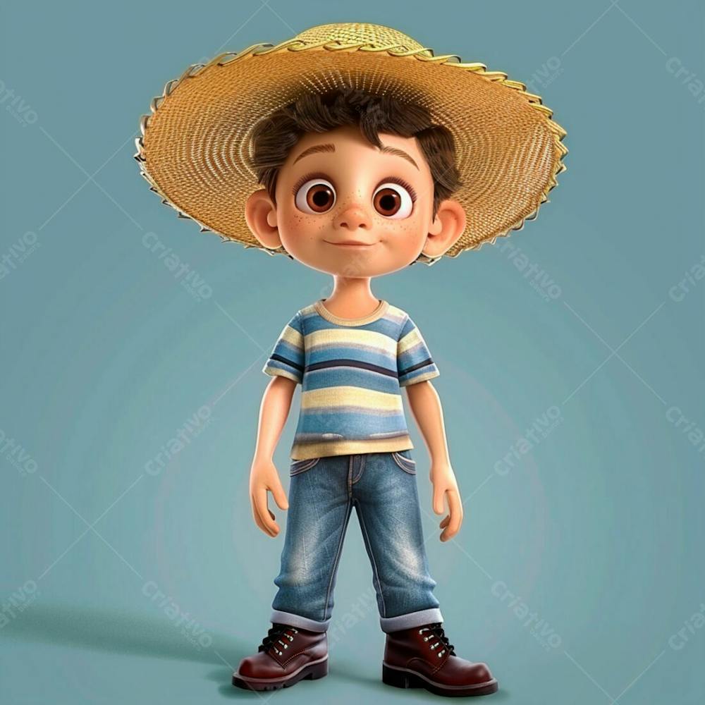 Garotinho Usando Camiseta Listrada E Chapeu De Palha 3D 13