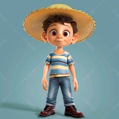 Garotinho Usando Camiseta Listrada E Chapeu De Palha 3D 13