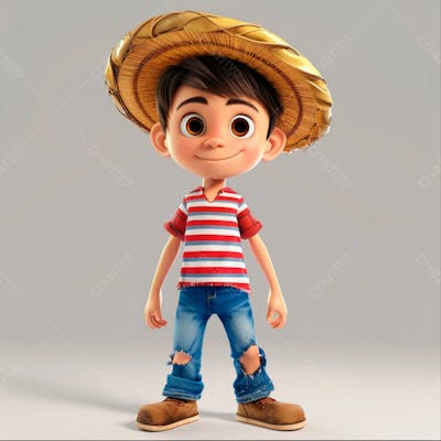 Garotinho Usando Camiseta Listrada E Chapeu De Palha 3D 14