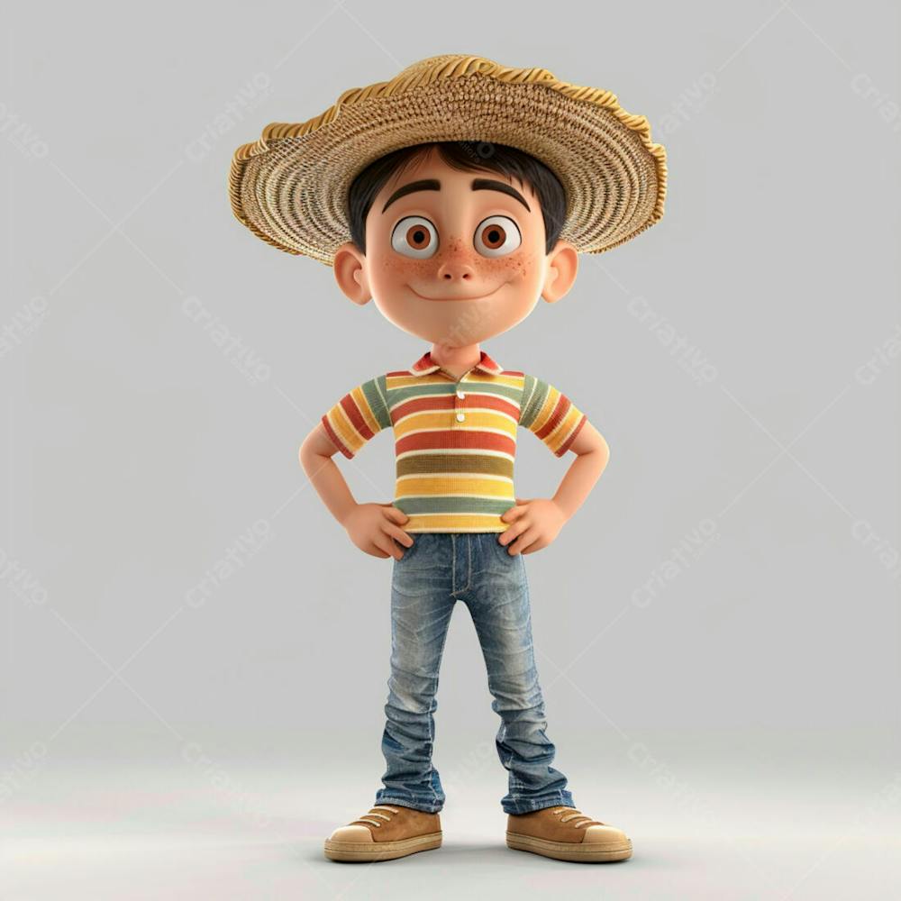 Garotinho Usando Camiseta Listrada E Chapeu De Palha 3D 15