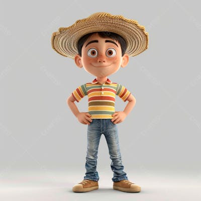 Garotinho Usando Camiseta Listrada E Chapeu De Palha 3D 15