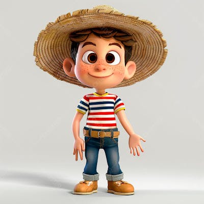 Garotinho Usando Camiseta Listrada E Chapeu De Palha 3D 16