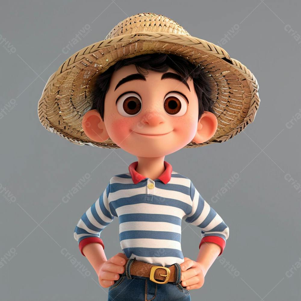 Garotinho Usando Camiseta Listrada E Chapeu De Palha 3D 17