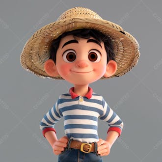 Garotinho usando camiseta listrada e chapeu de palha 3d 17