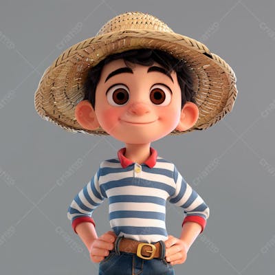 Garotinho Usando Camiseta Listrada E Chapeu De Palha 3D 17