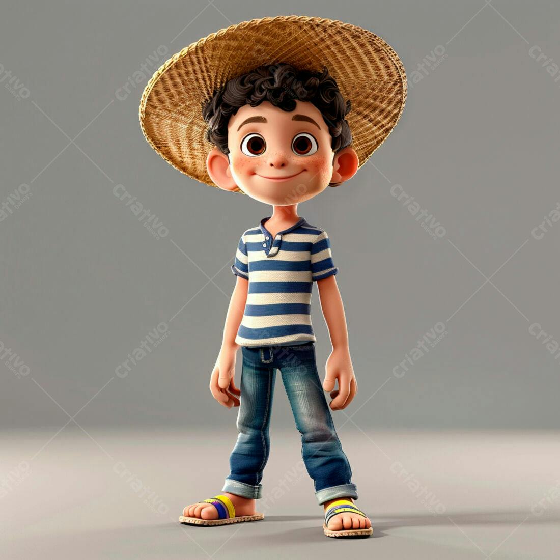 Menino sorridente chapéu de palha roupa casual
