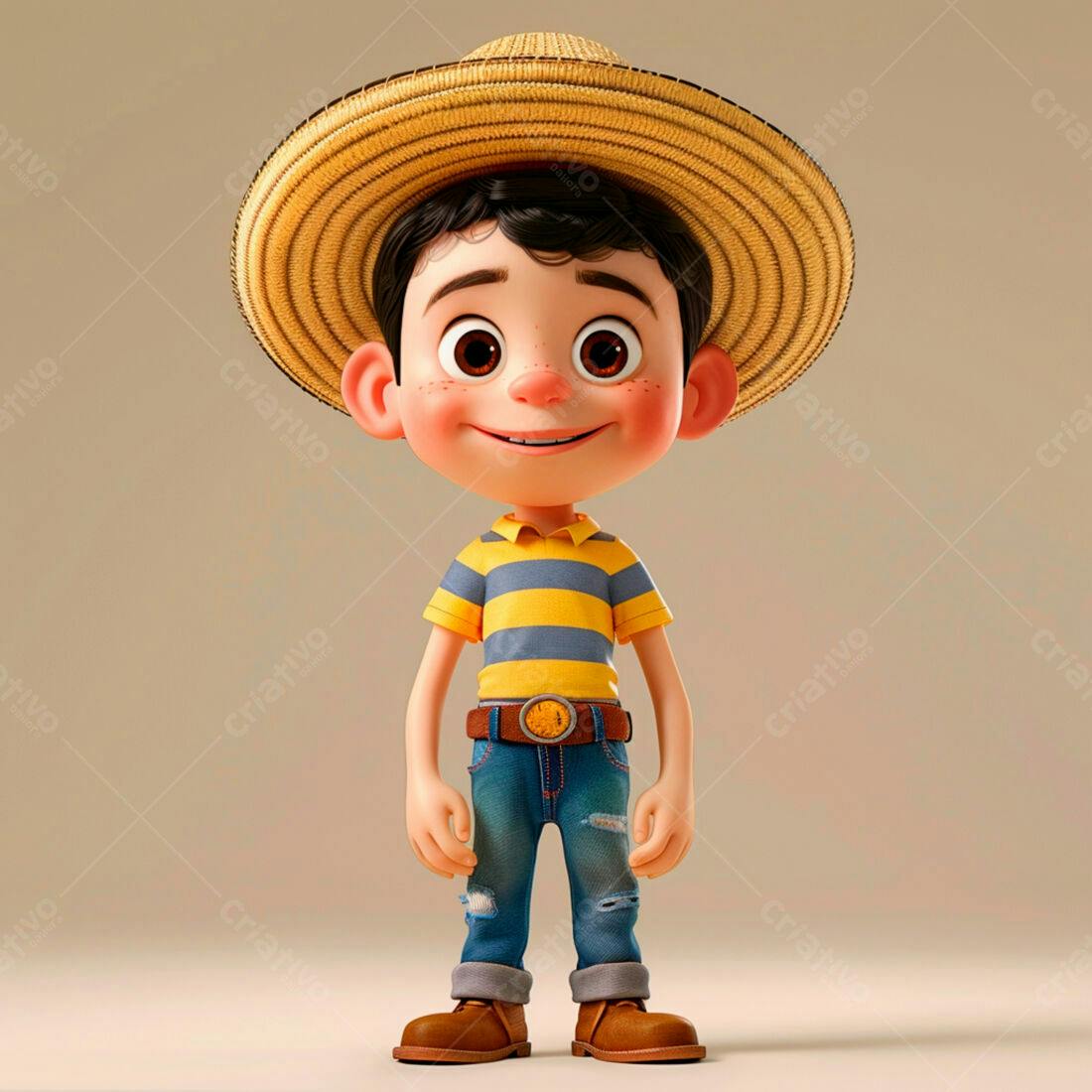 Menino sorridente com chapéu de palha e roupa jeans