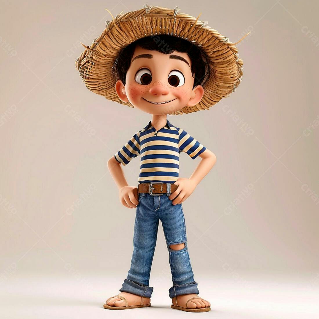 Menino sorridente chapéu palha roupa jeans