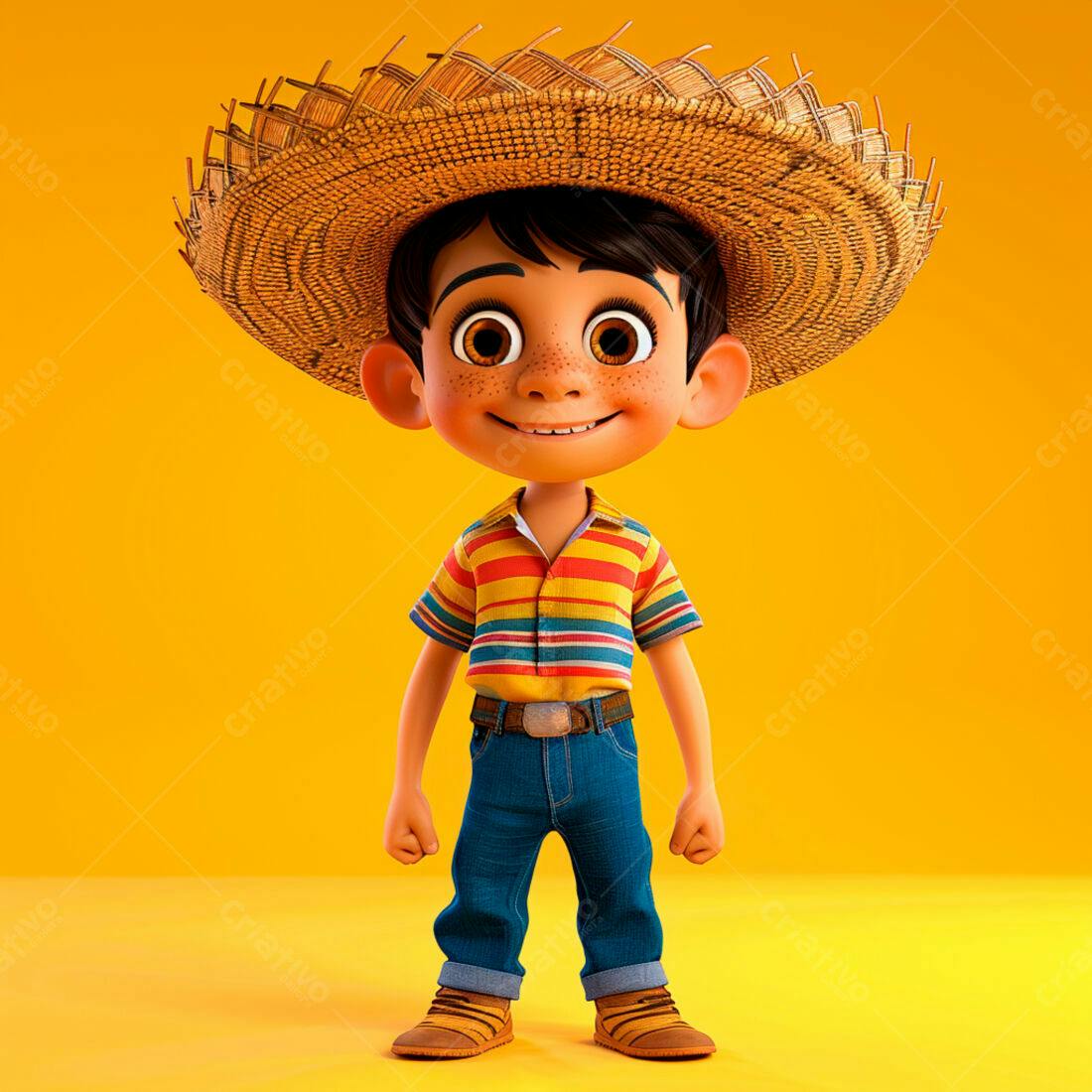 Menino sorridente com chapéu de palha fundo amarelo