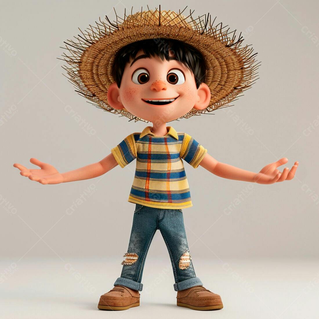 Menino alegre com chapéu de palha e roupa colorida