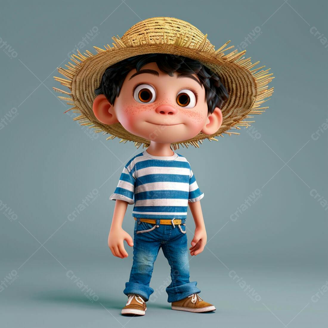 Menino fofo com chapéu de palha e roupa listrada
