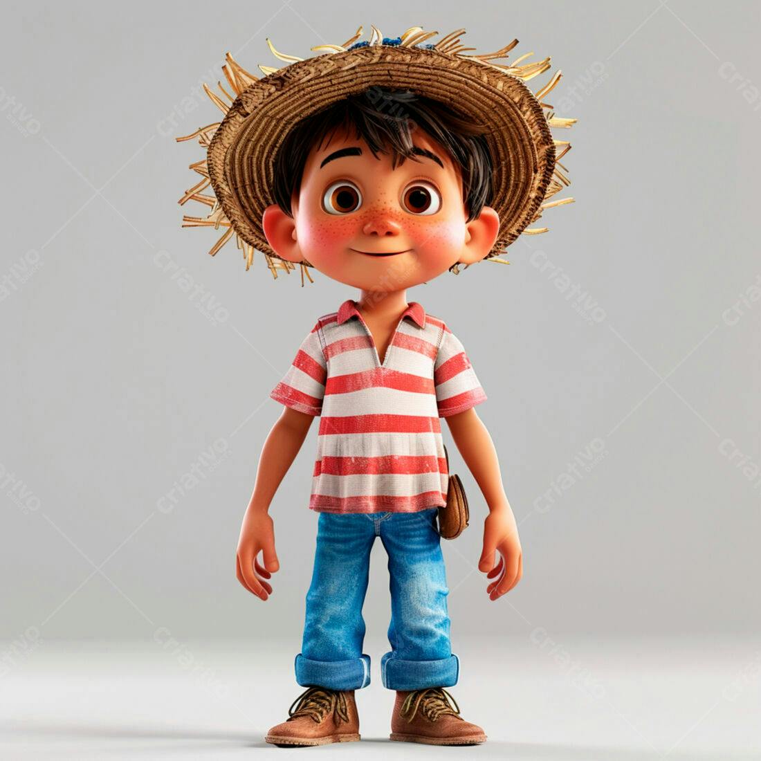 Menino sorridente com chapéu de palha e roupa de fazenda