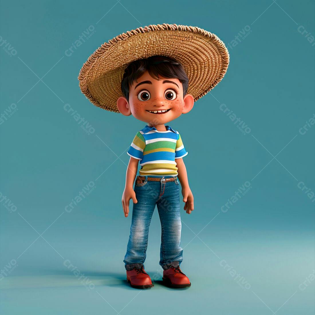 Menino sorridente chapéu palha roupa jeans