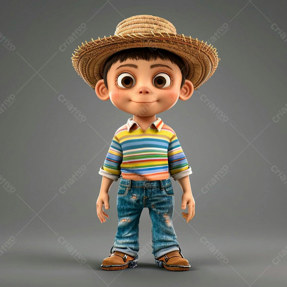 Menino sorridente com chapéu de palha e roupa colorida