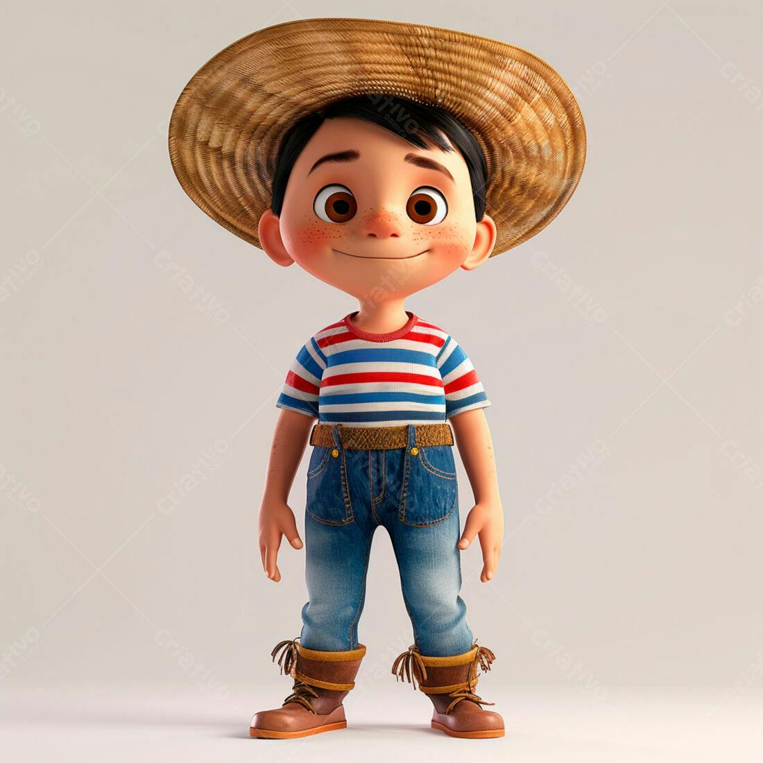 Menino sorridente com chapéu de palha e roupa jeans