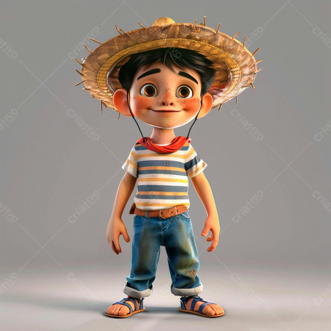 Menino sorridente com chapéu de palha e roupa colorida