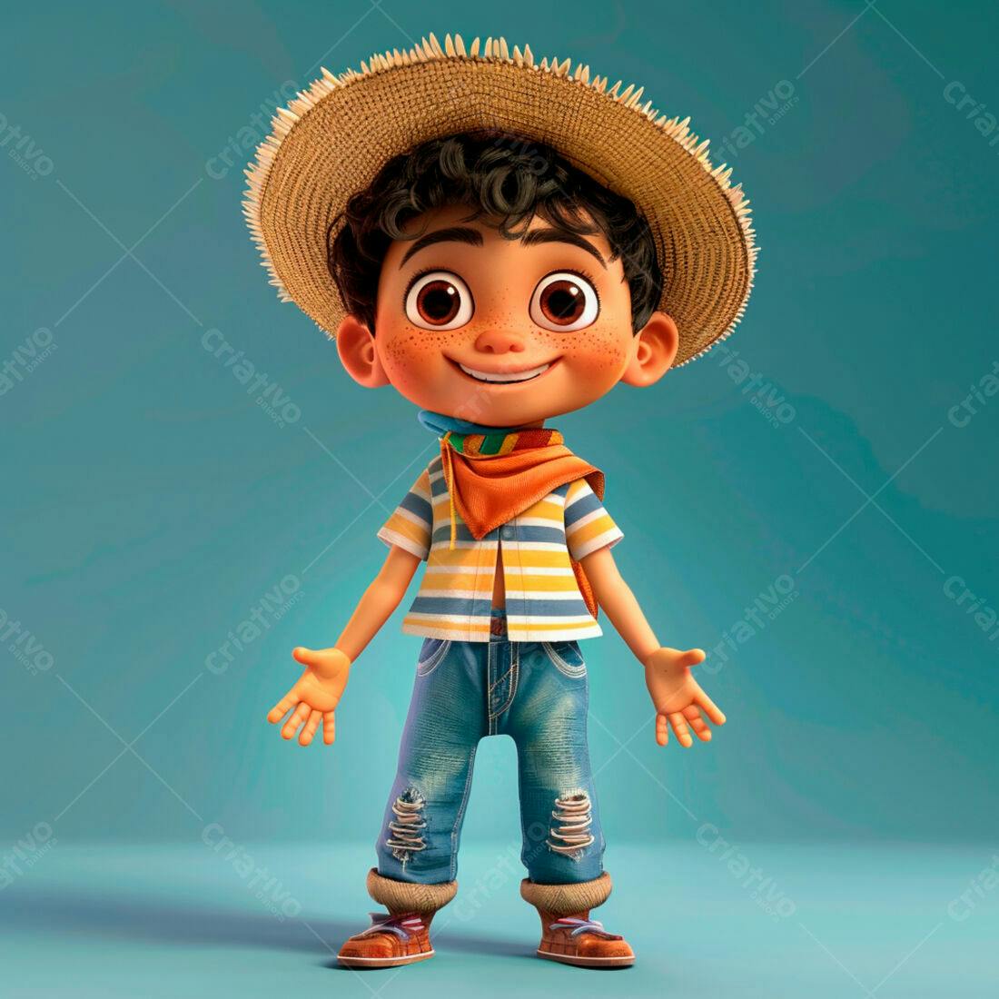 Menino alegre com chapéu de palha e roupa colorida