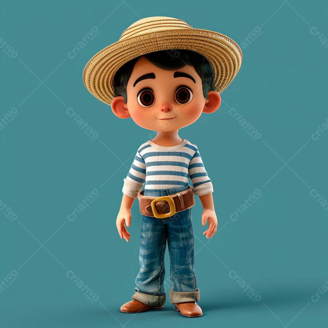 Menino fofo com chapéu de palha e roupa de marinheiro