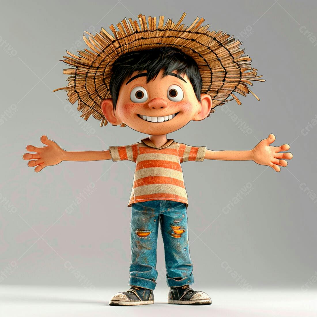 Menino sorridente chapéu palha roupa simples