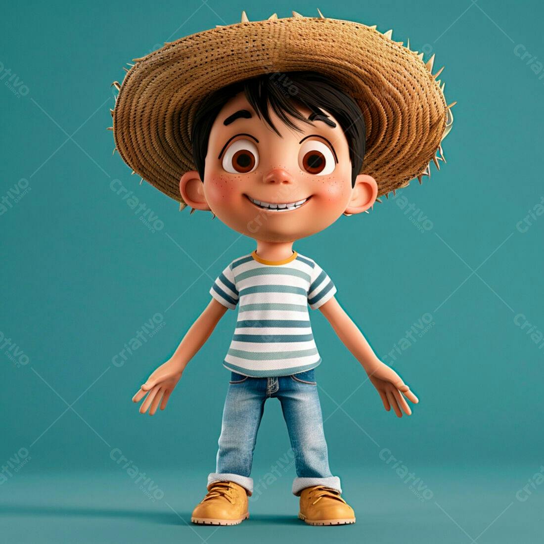 Menino sorridente chapéu palha fundo azul