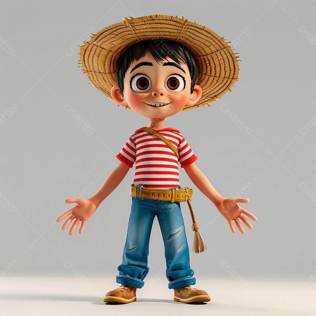 Menino sorridente com chapéu de palha e roupa listrada