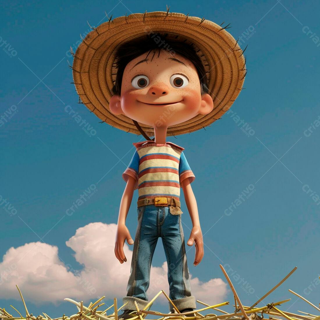 Menino sorridente usando chapéu de palha em campo de feno