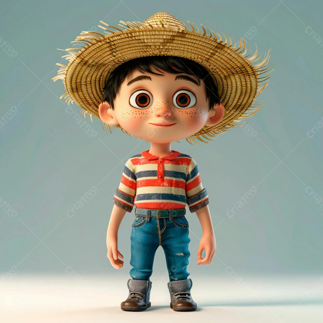 Menino fofo com chapéu de palha e roupa de fazenda
