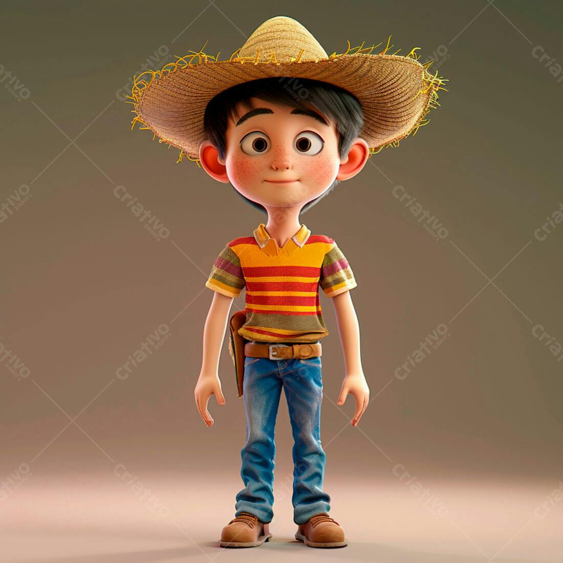 Menino Cartoon Fazendeiro Chapéu de Palha