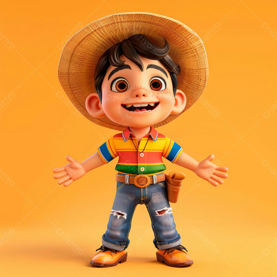 Menino alegre roupa colorida chapéu palha fundo laranja