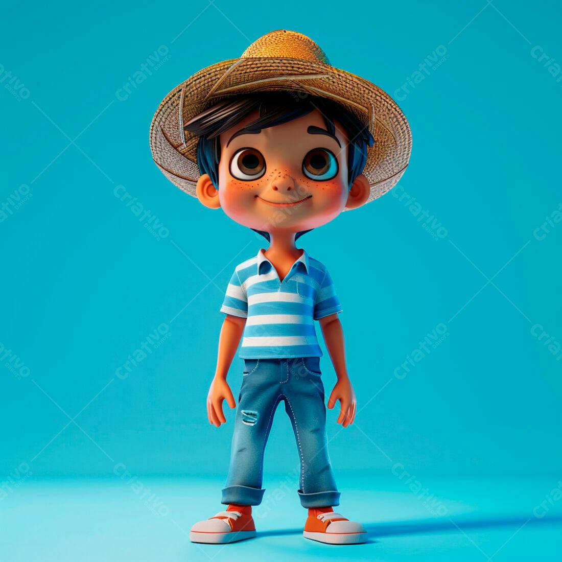 Menino sorridente chapéu palha fundo azul