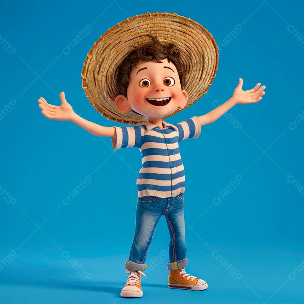 Garotinho Usando Camiseta Listrada E Chapeu De Palha 3D 76