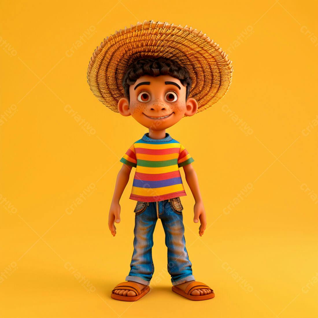 Menino sorridente com chapéu de palha fundo amarelo