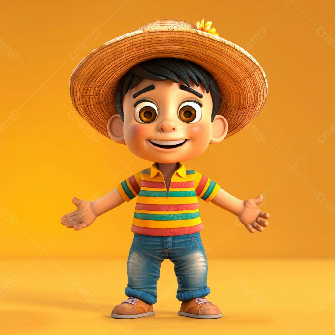 Menino sorridente chapéu de palha fundo amarelo