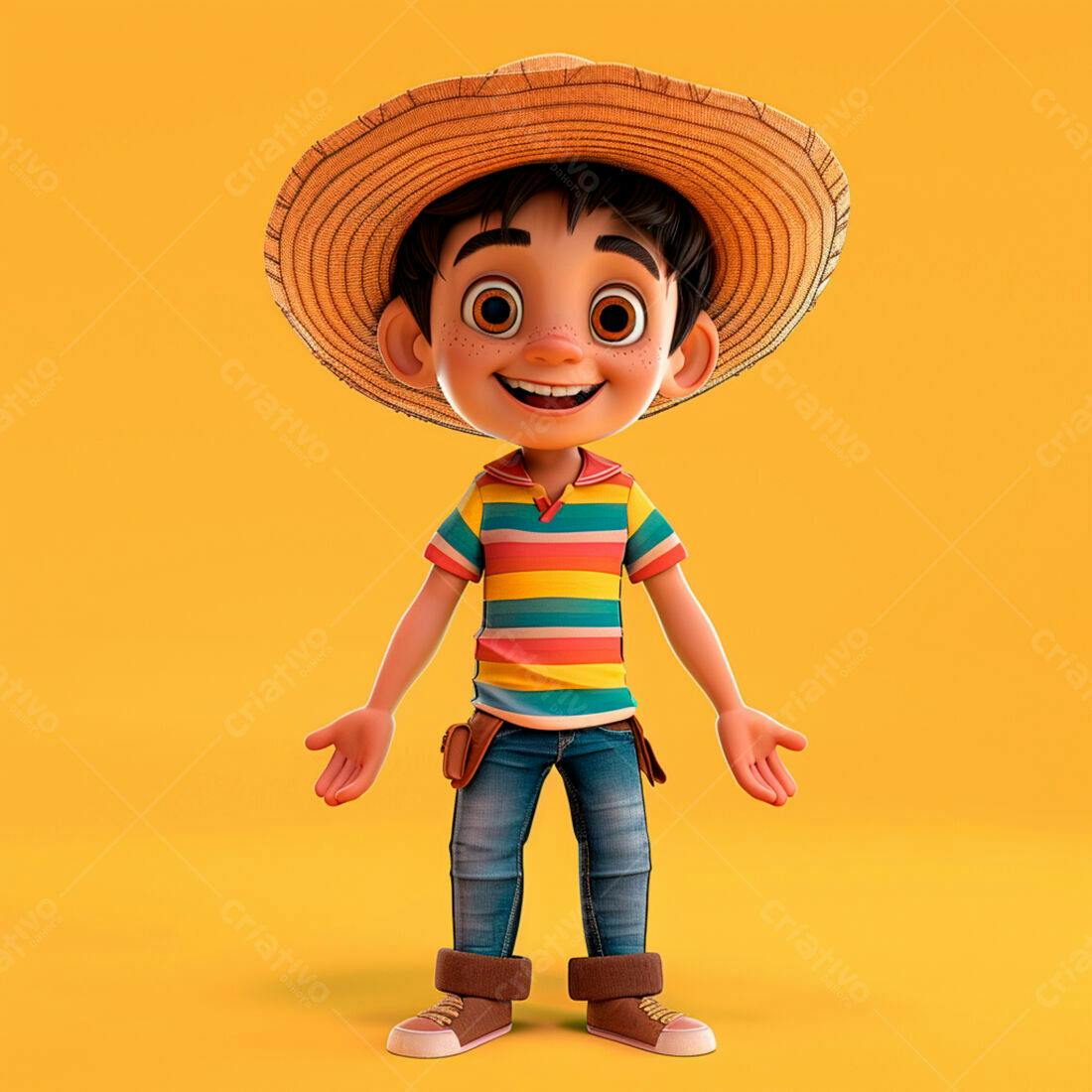 Menino sorridente chapéu palha fundo amarelo