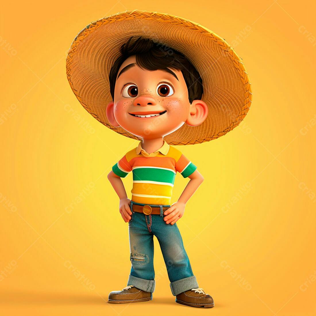 Menino sorrindo chapéu de palha fundo amarelo