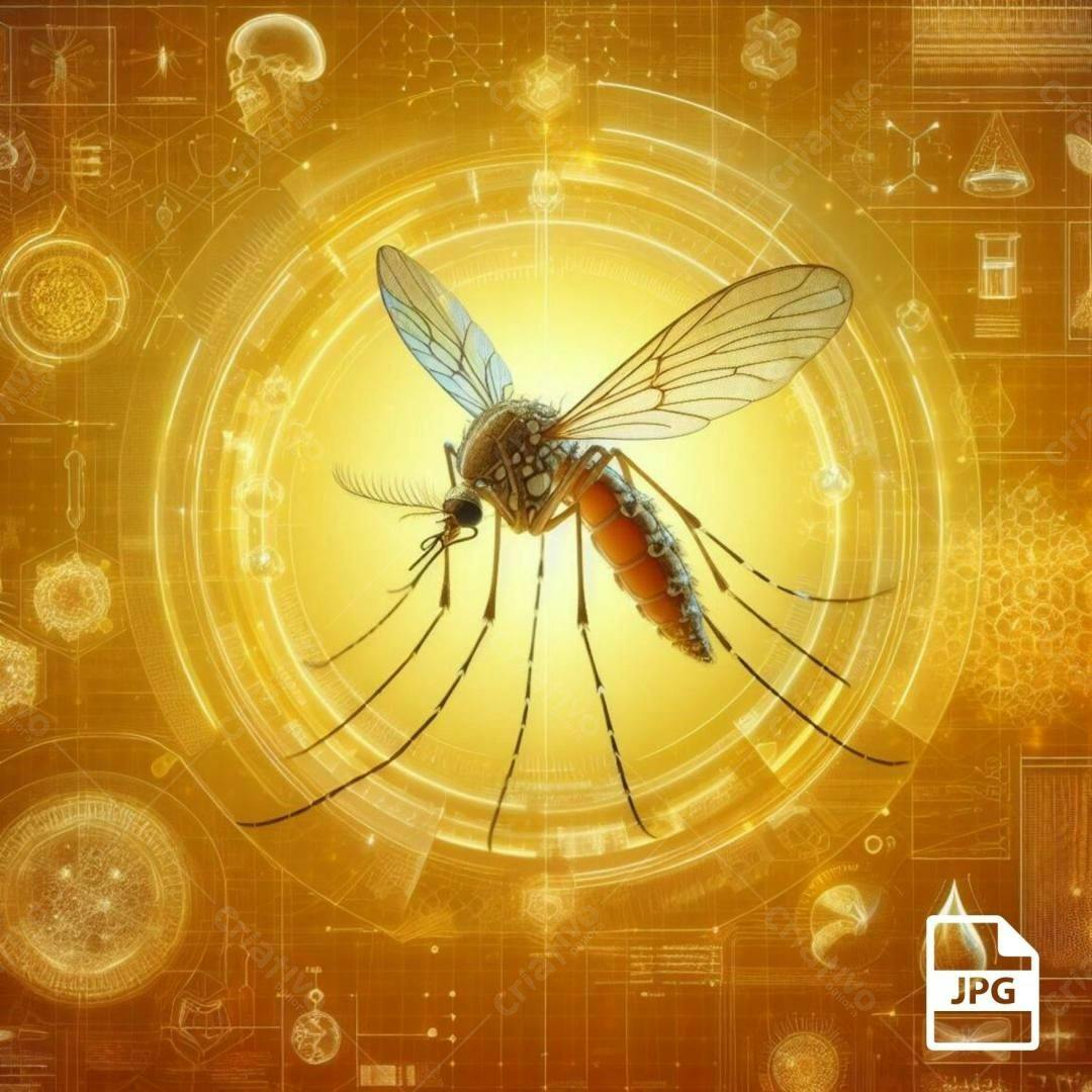 Mosquito em fundo dourado com gráficos científicos