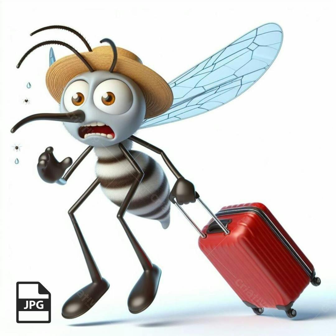 Mosquito animado viajando com mala