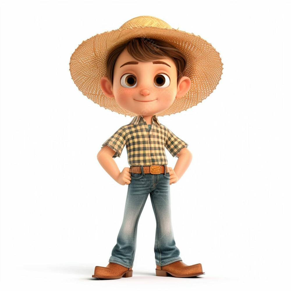 Menino Usando Camisa Xadrez E Chapéu De Palha 3D 2