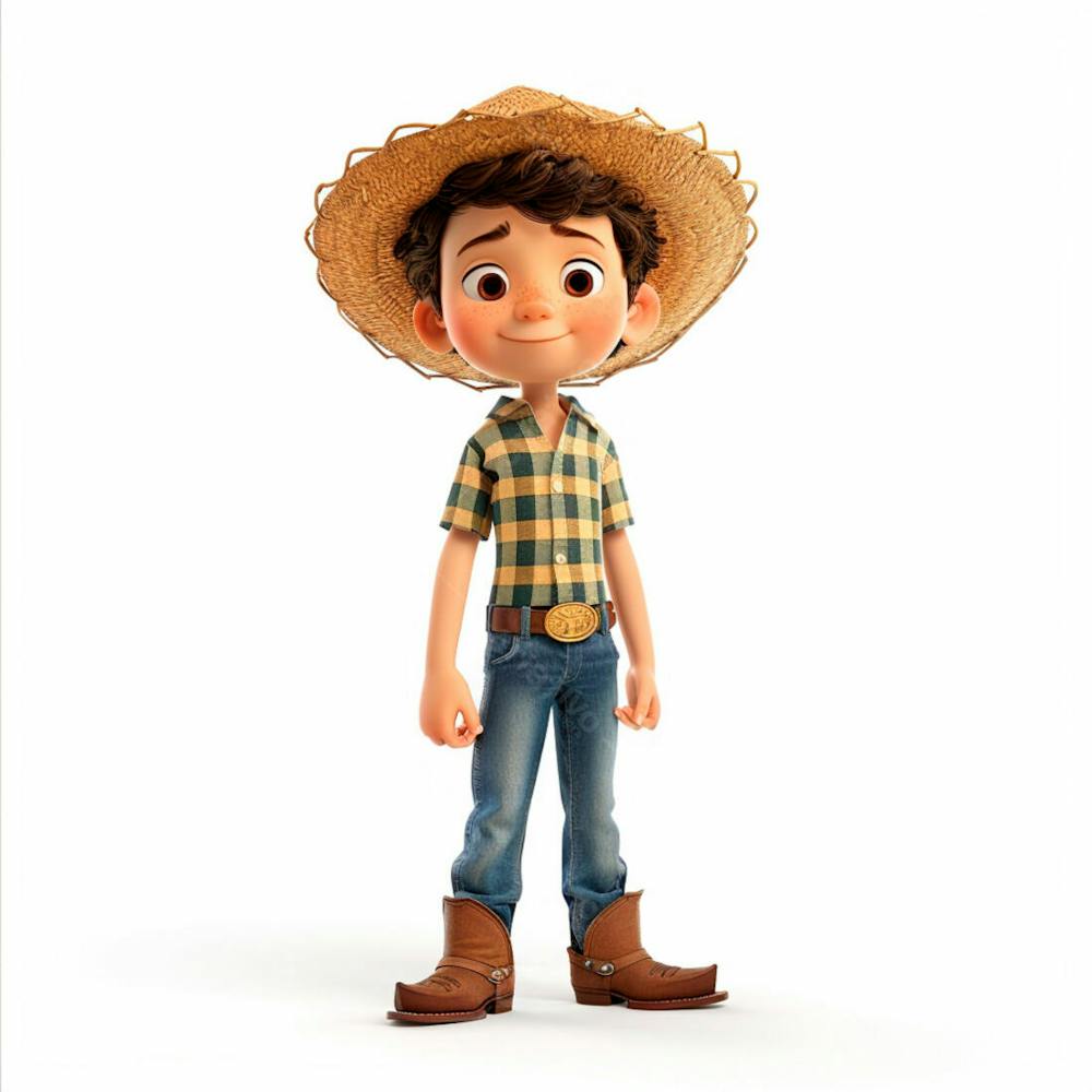 Menino Usando Camisa Xadrez E Chapéu De Palha 3D 4