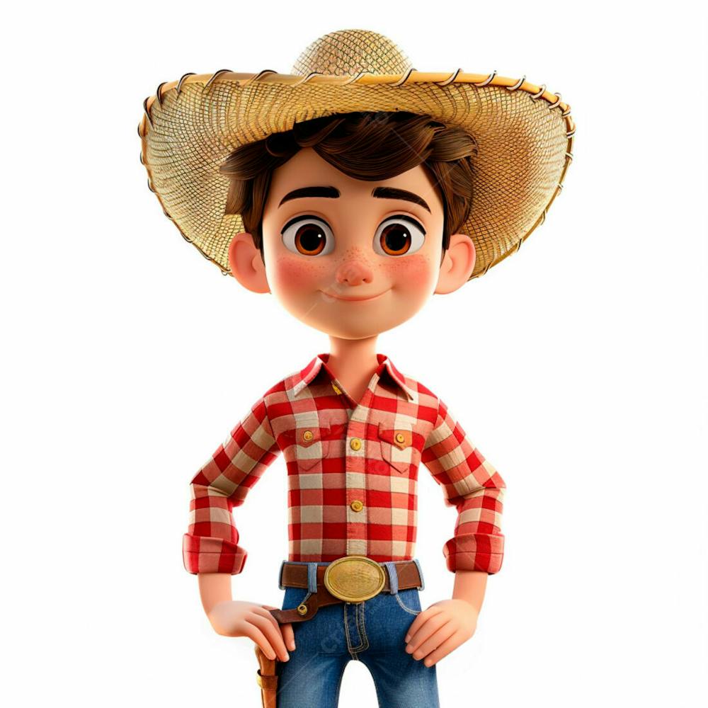 Menino Usando Camisa Xadrez E Chapéu De Palha 3D 3