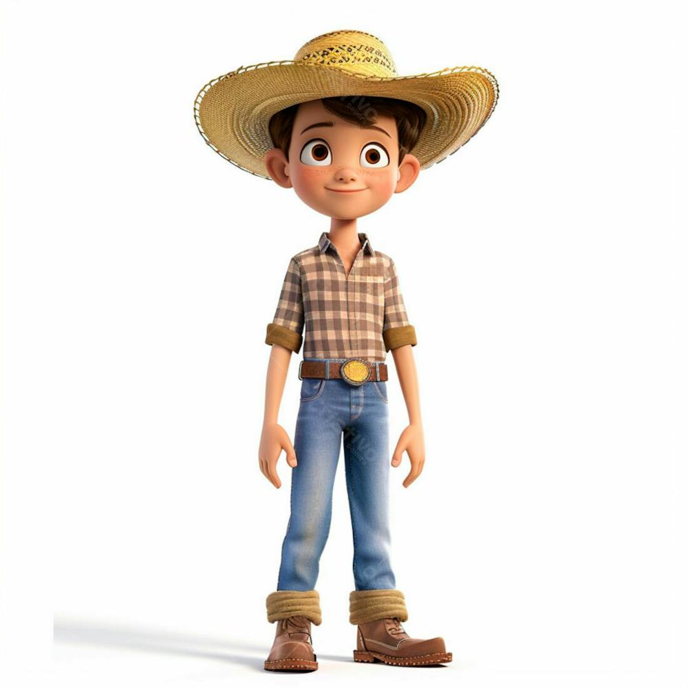 Menino Usando Camisa Xadrez E Chapéu De Palha 3D 5