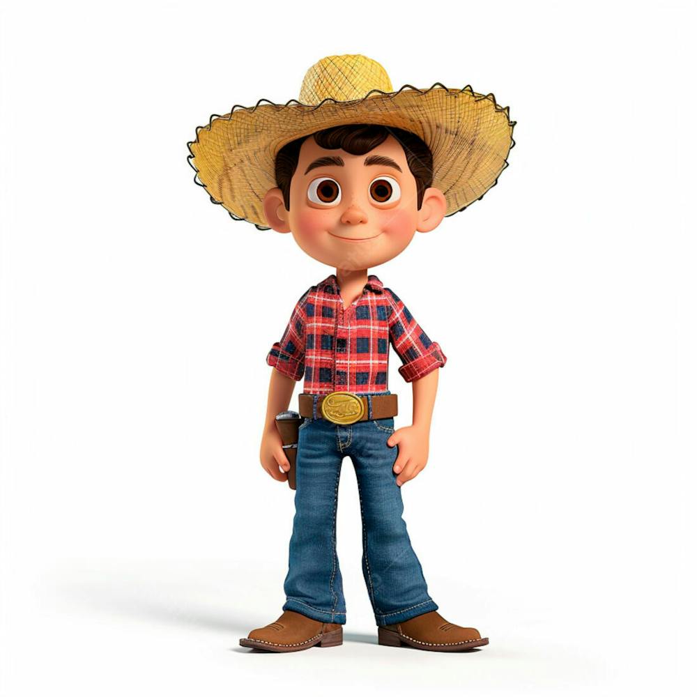Menino Usando Camisa Xadrez E Chapéu De Palha 3D 7