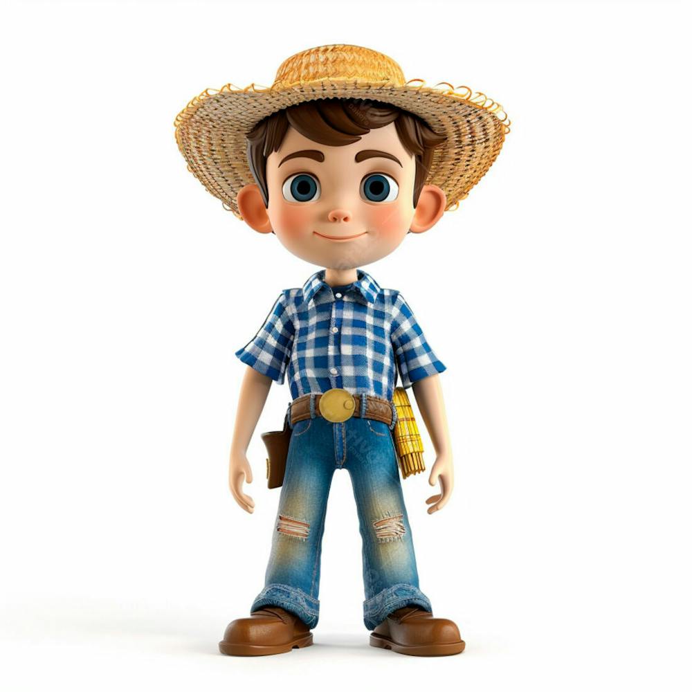 Menino Usando Camisa Xadrez E Chapéu De Palha 3D 9
