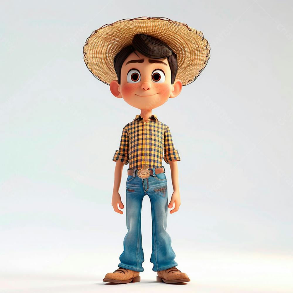 Menino Usando Camisa Xadrez E Chapéu De Palha 3D 10