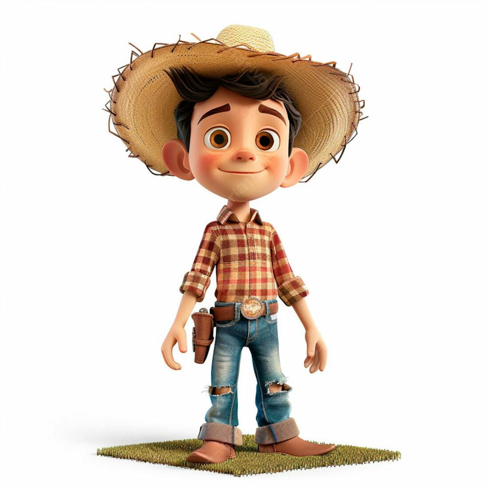 Menino Usando Camisa Xadrez E Chapéu De Palha 3D 13
