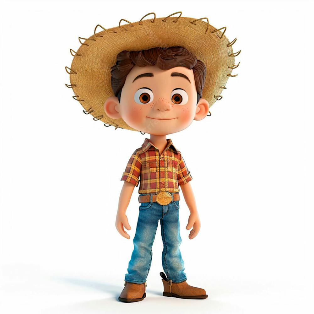 Menino Usando Camisa Xadrez E Chapéu De Palha 3D 14