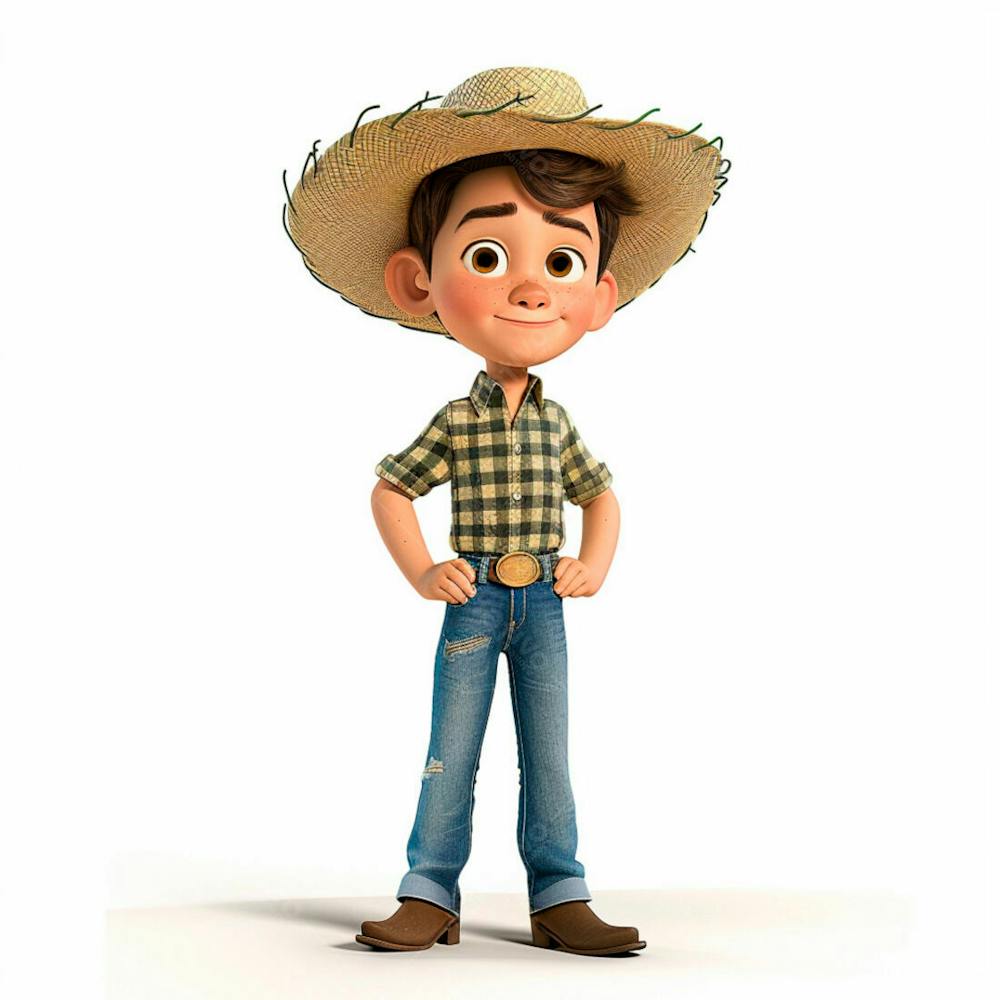 Menino Usando Camisa Xadrez E Chapéu De Palha 3D 15