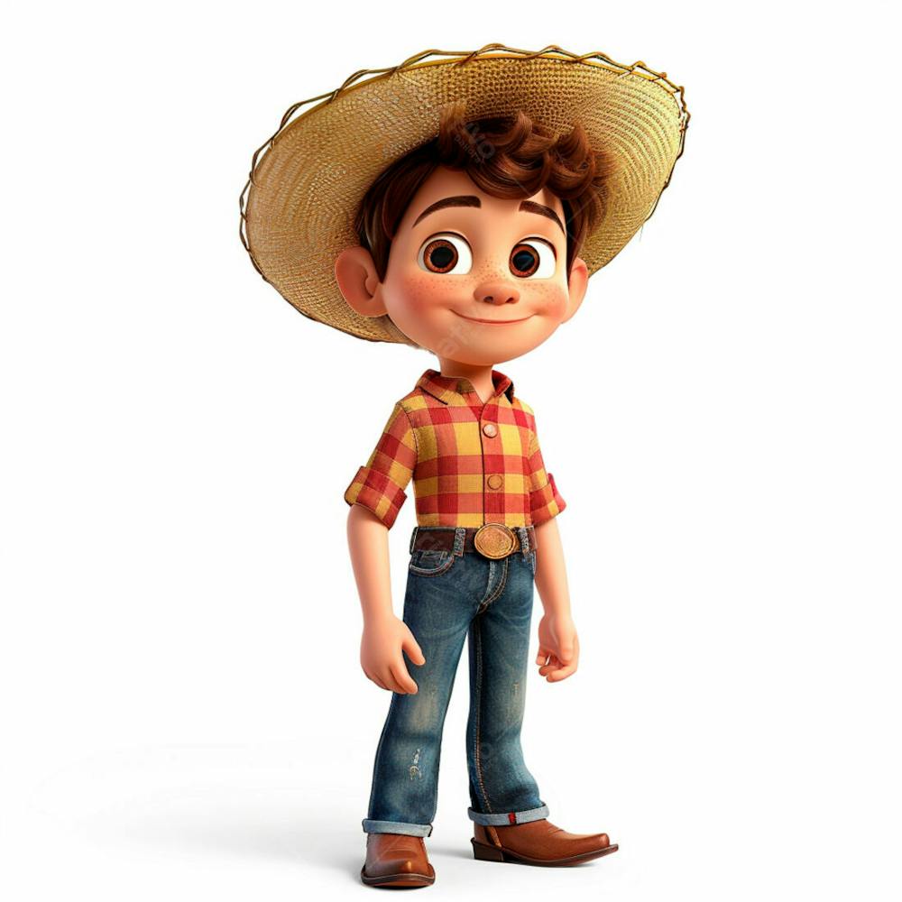 Menino Usando Camisa Xadrez E Chapéu De Palha 3D 16